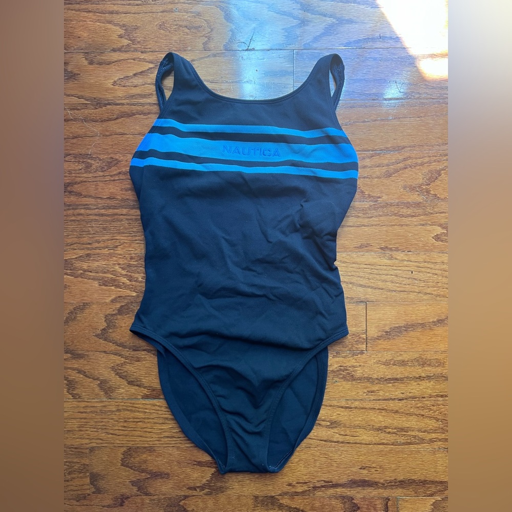 Nautica Black One-Piece Swimsuit with Blue Stripes